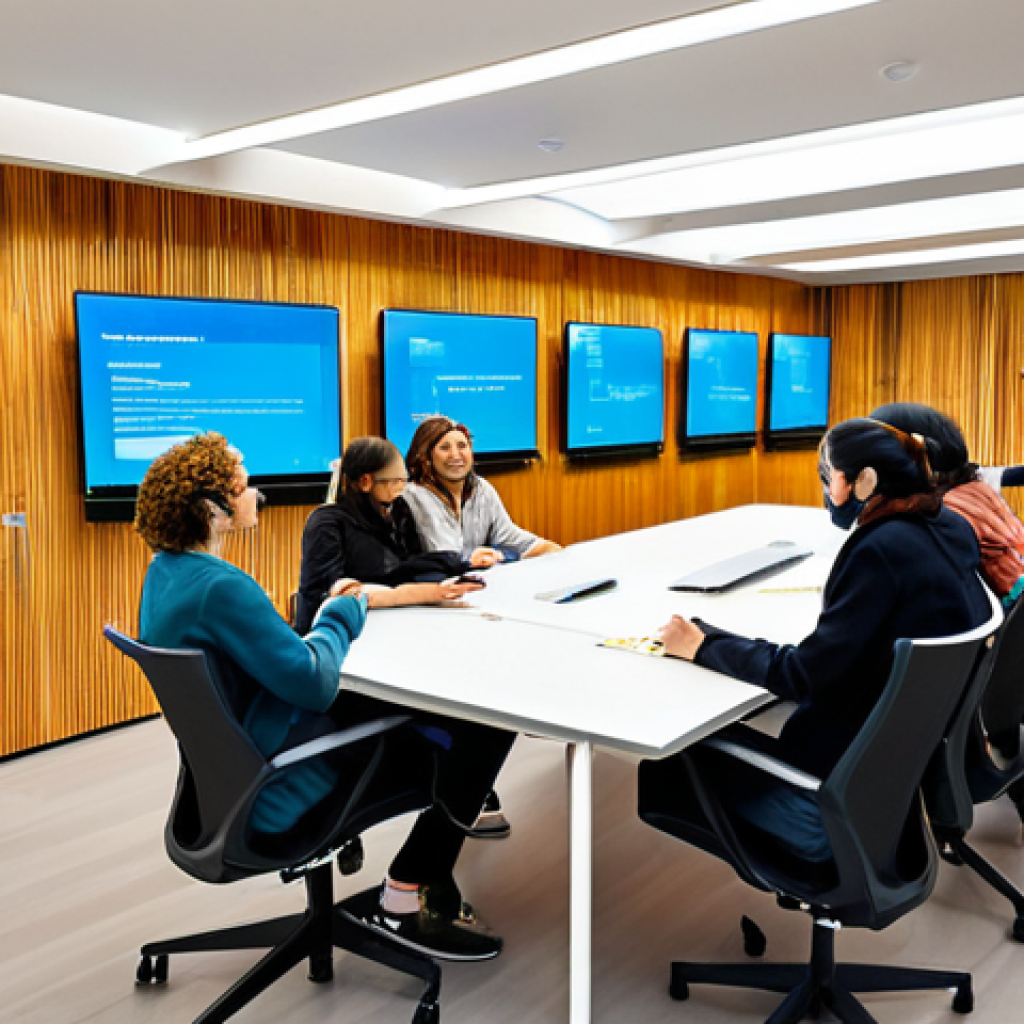 A diverse group of individuals, including families, students, and professionals, fully clothed in modest, contemporary attire, engaging in a vibrant, modern cultural center in Andorra. They are interacting with large digital touchscreens showcasing cutting-edge technology like AI literacy and sustainable design, while others utilize ergonomic co-working spaces with high-speed internet. The environment is brightly lit, with flexible, multi-purpose furniture designed for dynamic engagement and community building. safe for work, appropriate content, fully clothed, professional, perfect anatomy, correct proportions, natural pose, well-formed hands, proper finger count, natural body proportions, high quality, professional photography.