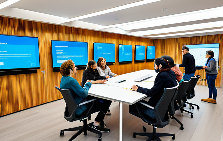A diverse group of individuals, including families, students, and professionals, fully clothed in modest, contemporary attire, engaging in a vibrant, modern cultural center in Andorra. They are interacting with large digital touchscreens showcasing cutting-edge technology like AI literacy and sustainable design, while others utilize ergonomic co-working spaces with high-speed internet. The environment is brightly lit, with flexible, multi-purpose furniture designed for dynamic engagement and community building. safe for work, appropriate content, fully clothed, professional, perfect anatomy, correct proportions, natural pose, well-formed hands, proper finger count, natural body proportions, high quality, professional photography.