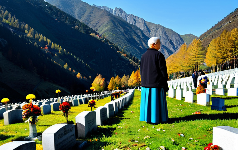 All Saints' Day in an Andorran Cemetery**
"A family visiting a mountain cemetery in Andorra on All Saints' Day. The scene shows people placing chrysanthemums on graves, cleaning tombstones, and lighting candles. The cemetery is nestled in a picturesque valley with mountains in the background. Everyone is fully clothed in modest, respectful attire. Safe for work, appropriate content, professional photography, perfect anatomy, natural proportions, family-friendly."
**