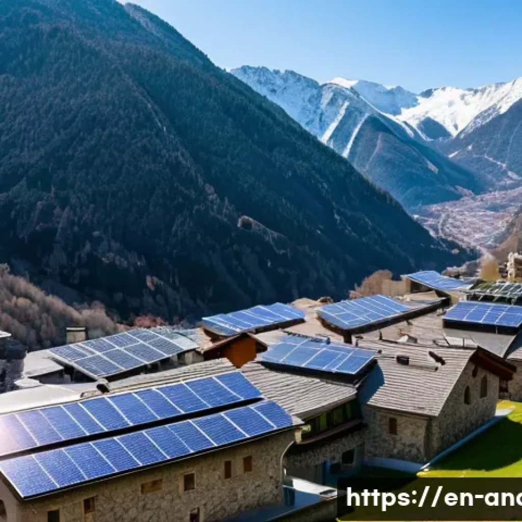안도라의 친환경 정책 및 지속 가능성 - A panoramic view of Andorra&rsquo;s alpine village featuring solar panel arrays meticulously installed on ...