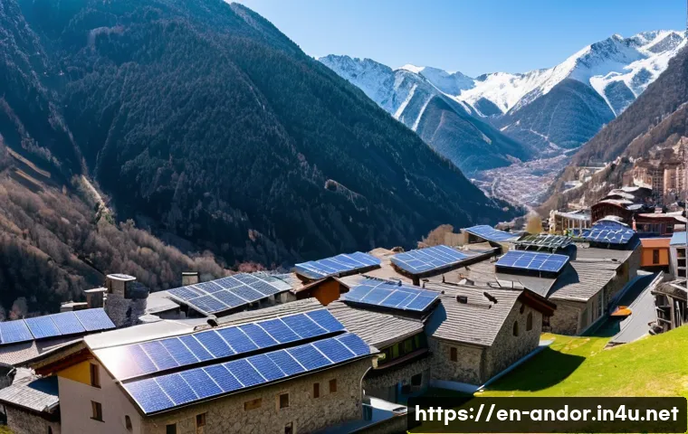 안도라의 친환경 정책 및 지속 가능성 - A panoramic view of Andorra&rsquo;s alpine village featuring solar panel arrays meticulously installed on ...