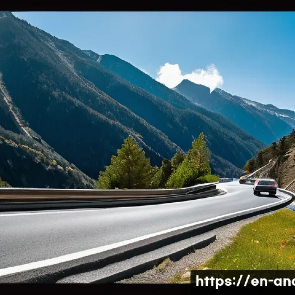 안도라의 교통사고 및 운전 규칙 - A detailed mountain road scene in Andorra during daylight, showing a winding asphalt road with sharp...