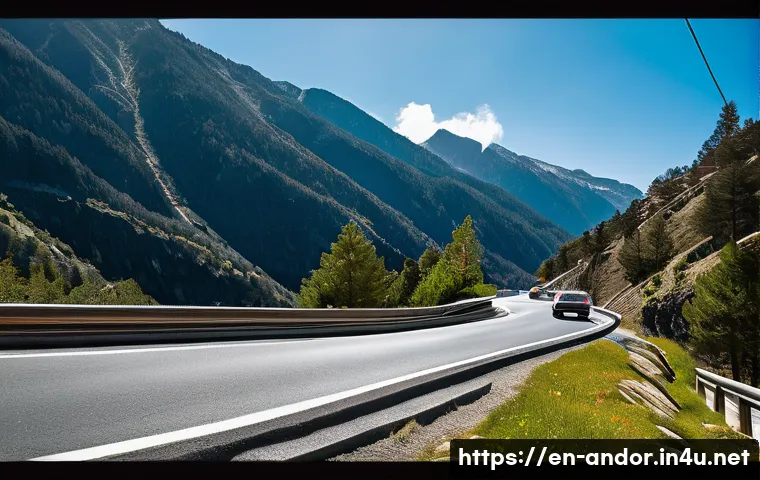 안도라의 교통사고 및 운전 규칙 - A detailed mountain road scene in Andorra during daylight, showing a winding asphalt road with sharp...