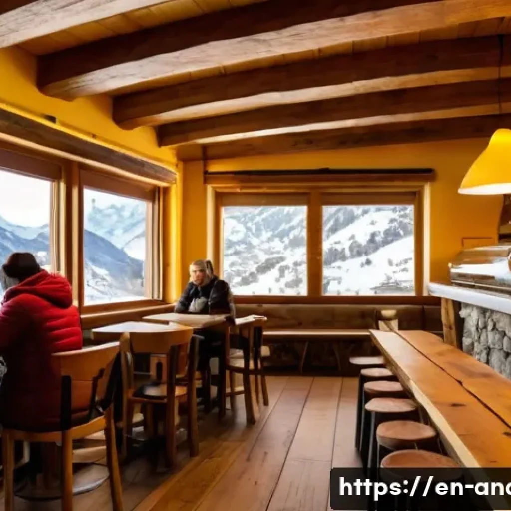 안도라 유명 카페 및 바 - A cozy mountain caf&eacute; interior in an Alpine village of Andorra, featuring rustic wooden beams, a roar...