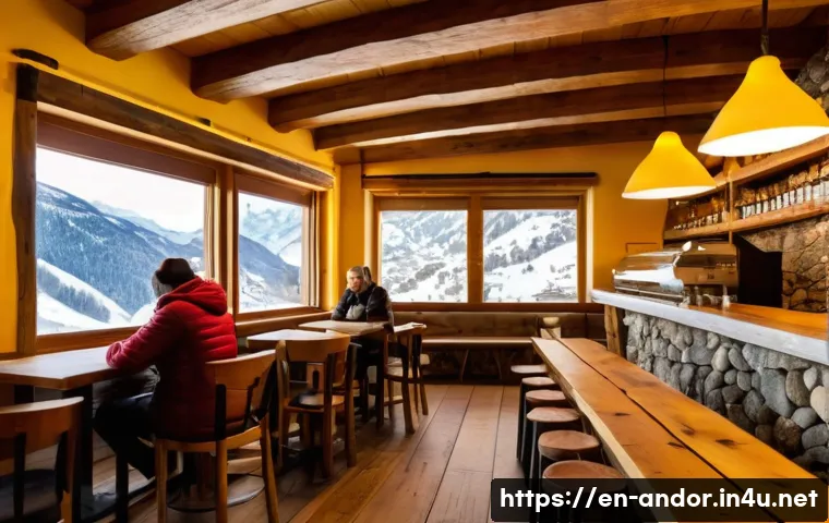 안도라 유명 카페 및 바 - A cozy mountain caf&eacute; interior in an Alpine village of Andorra, featuring rustic wooden beams, a roar...