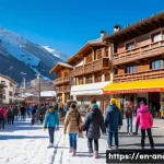 Home 21 안도라와 스페인의 관계 - A vibrant mountain village scene at the Andorra-Spain border during winter, featuring bustling ski r...