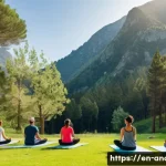 Home 20 안도라에서 경험할 수 있는 요가 리트릿 - A serene outdoor yoga scene set in the lush pine forests of Andorra, featuring a diverse group of ad...