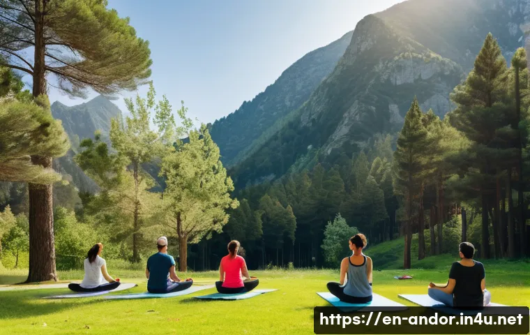 안도라에서 경험할 수 있는 요가 리트릿 - A serene outdoor yoga scene set in the lush pine forests of Andorra, featuring a diverse group of ad...