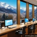 Home 19 안도라에서 발생한 유명 사건 - A detailed, realistic digital painting of a sleek, modern Andorran bank interior, showing a blend of...