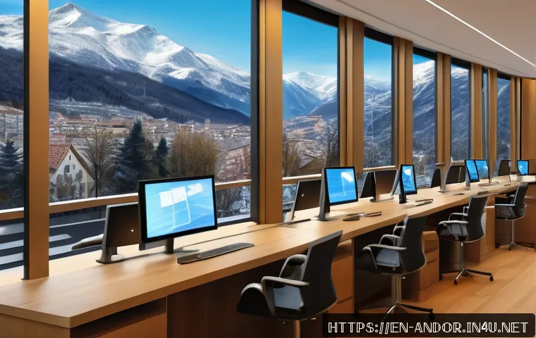 안도라에서 발생한 유명 사건 - A detailed, realistic digital painting of a sleek, modern Andorran bank interior, showing a blend of...