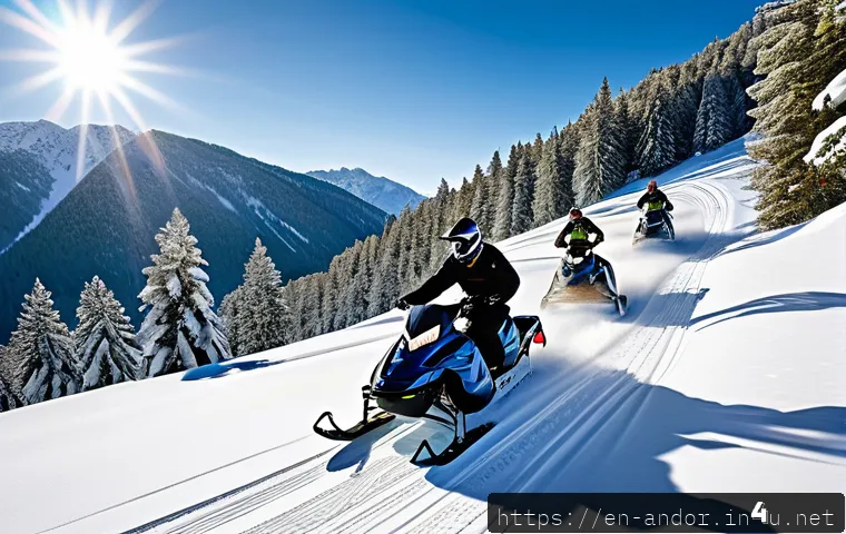 안도라에서 즐기는 스노모빌 투어 - A vibrant winter landscape of Andorra&rsquo;s snowmobile trails winding through dense pine forests and ope...