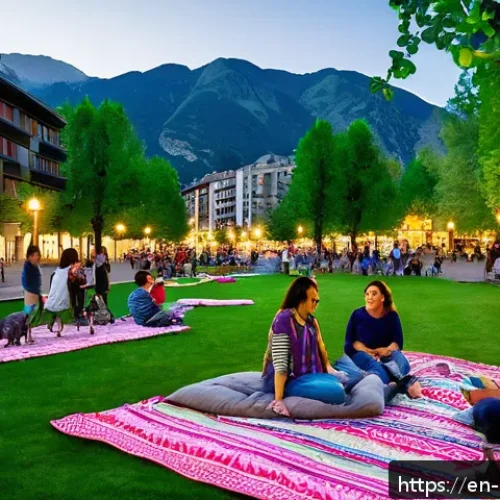 Home 17 안도라의 공원 및 도시 녹지 공간 - A vibrant urban park scene in Andorra during summer evening, families and friends gathered on colorf...
