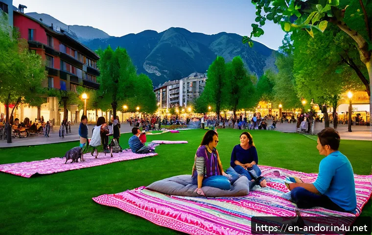 안도라의 공원 및 도시 녹지 공간 - A vibrant urban park scene in Andorra during summer evening, families and friends gathered on colorf...