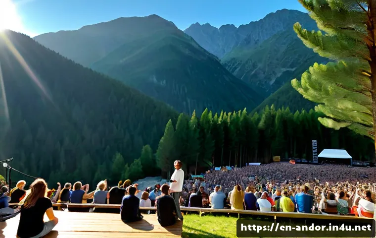 Home 17 안도라에서 열리는 음악 페스티벌 - Photorealistic open-air summer music festival in a mountain valley in Andorra, diverse audience in c...