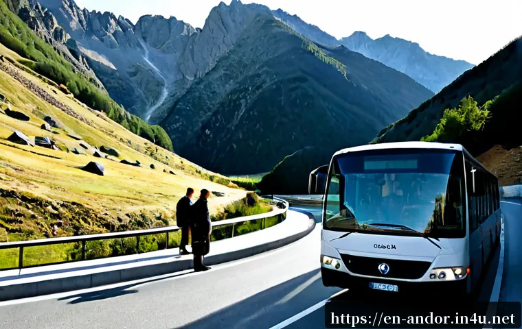 Home 17 안도라에서 바르셀로나 가는 방법 - Photorealistic travel scene of a modern coach bus departing a quiet mountain valley in Andorra, rugg...