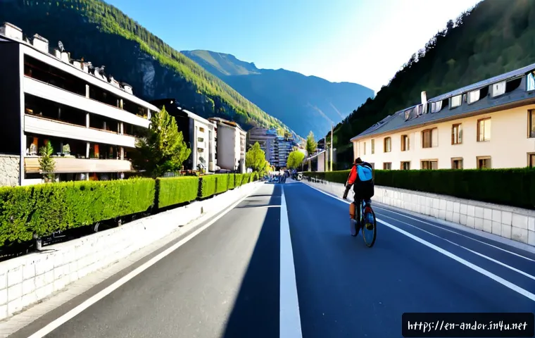 Home 17 안도라의 자전거 친화적 도시 정책 - Photorealistic wide street scene in a clean Pyrenean mountain town in Andorra, protected bicycle lan...