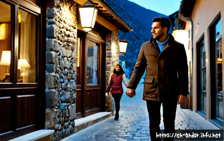 Home 17 안도라의 로맨틱한 여행 코스 - Photorealistic romantic travel scene in Andorra la Vella at blue hour, a stylish couple in warm coat...