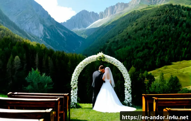 Home 17 안도라에서의 결혼식 및 허니문 장소 - Photorealistic intimate wedding ceremony in Andorra’s Pyrenees, elegant couple in formal wedding att...